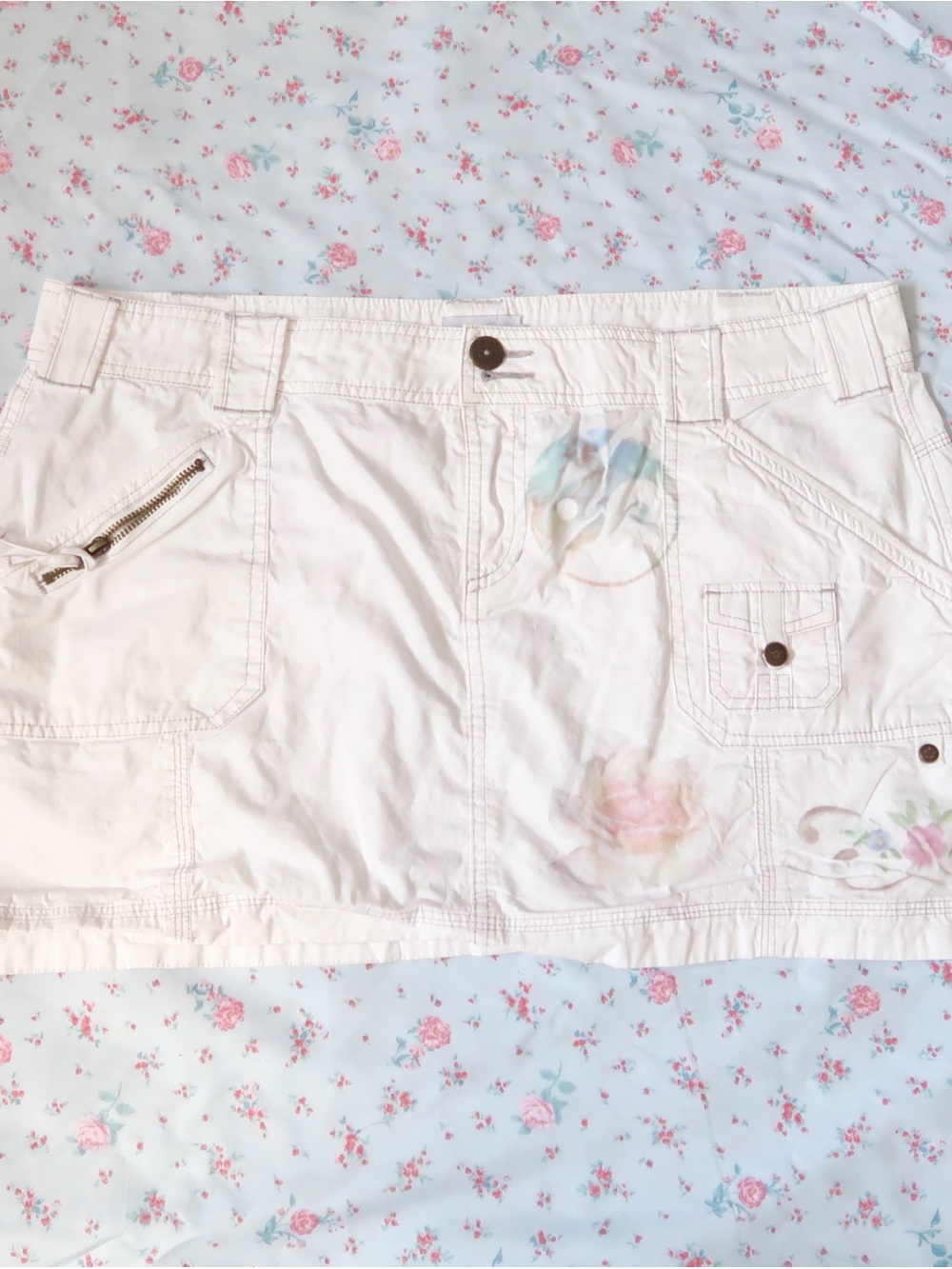 Y2k white cargo skirt White Mini Skirt with Subtle Watercolor Floral Accents